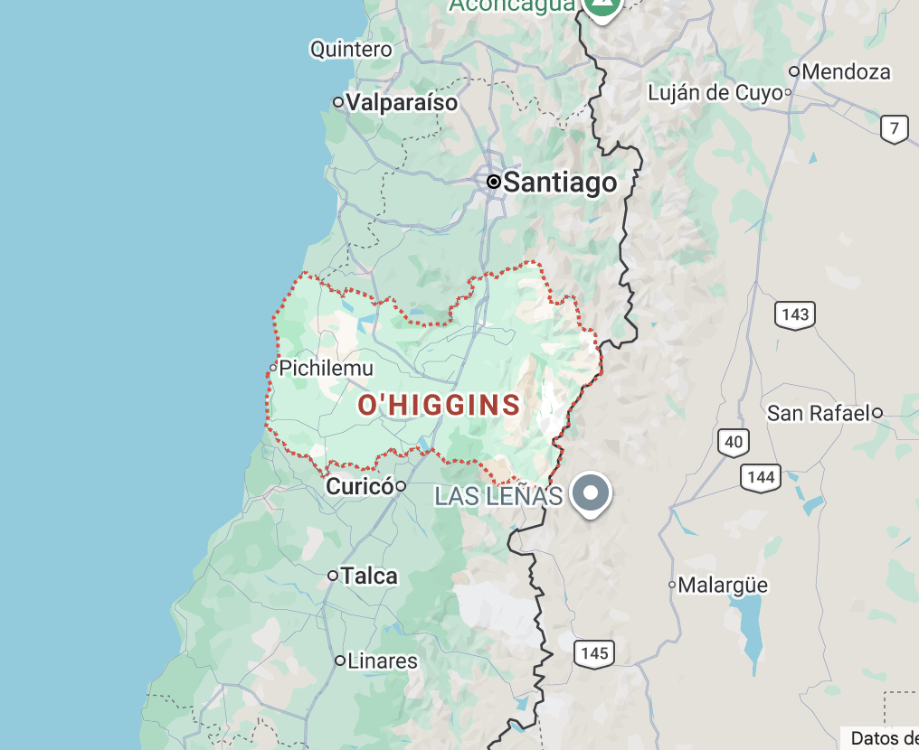 Mapa de la Región de O'Higgins, Chile, zona cerecera líder mundial
